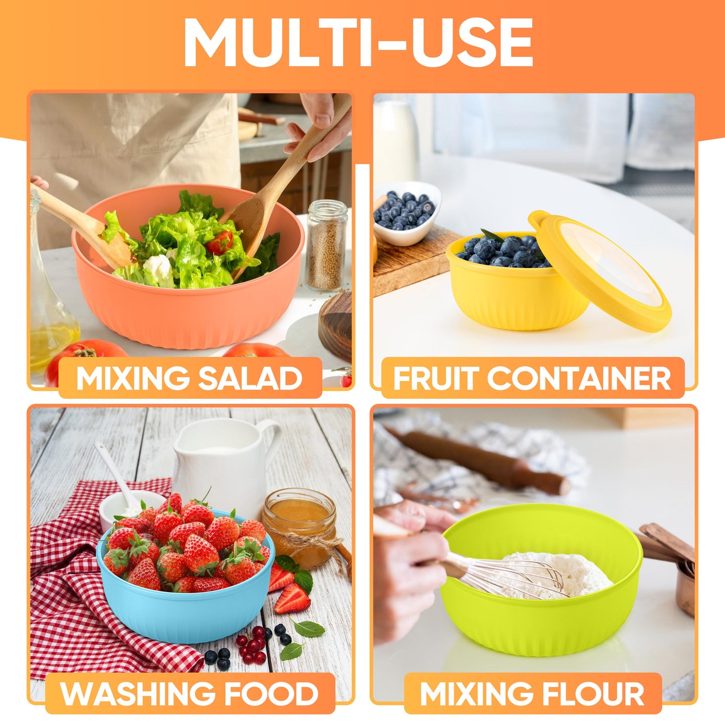 Vesteel 8Pcs Mixing Bowl Set with Lids, Nesting Plastic Bowls for for Mixing Serving Preparing Storage, Kitchen Prep Bowls, Dishwasher Safe, Multi-Color