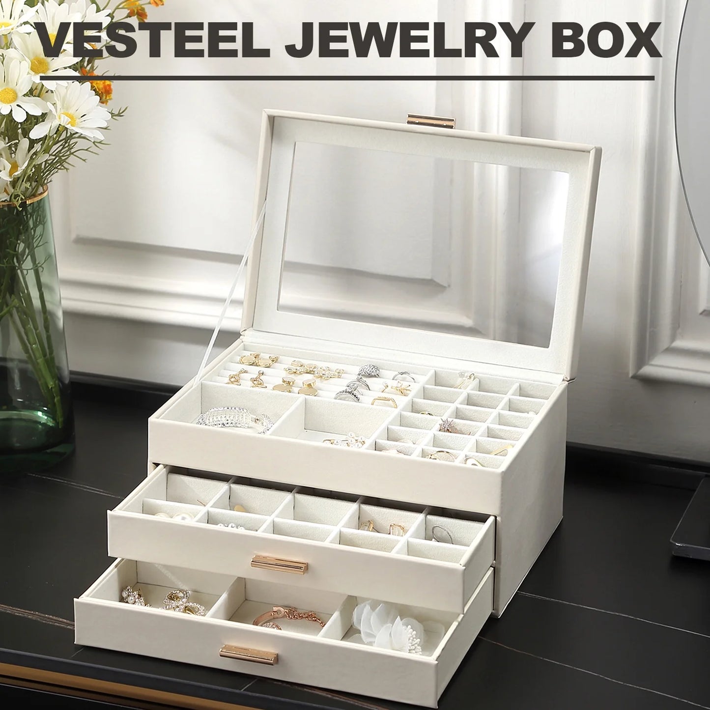 Vesteel Jewelry Box for Women Girl, 3-Layer 2 Drawer Jewelry Storage Organizer with Clear Lid for Thanksgiving Christmas, Large Jewelry Case for Rings Necklaces Earrings Watches - White