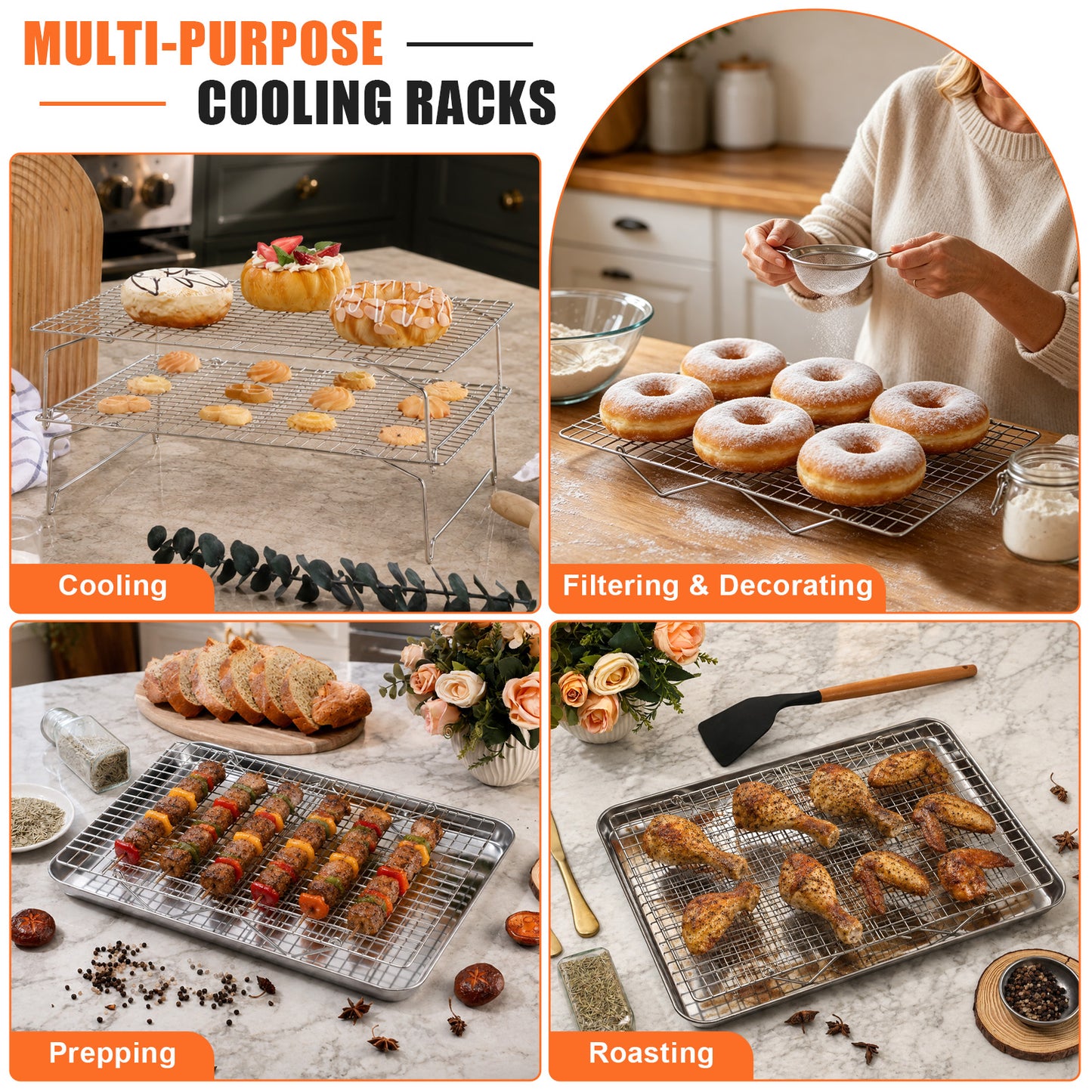 Vesteel 2-Tier Cooling Racks, Stainless Steel Stackable Grid Baking Racks, Collapsible Wire Racks for Cooking Grilling Roasting, Oven & Dishwasher Safe, 15’’ x 10’’