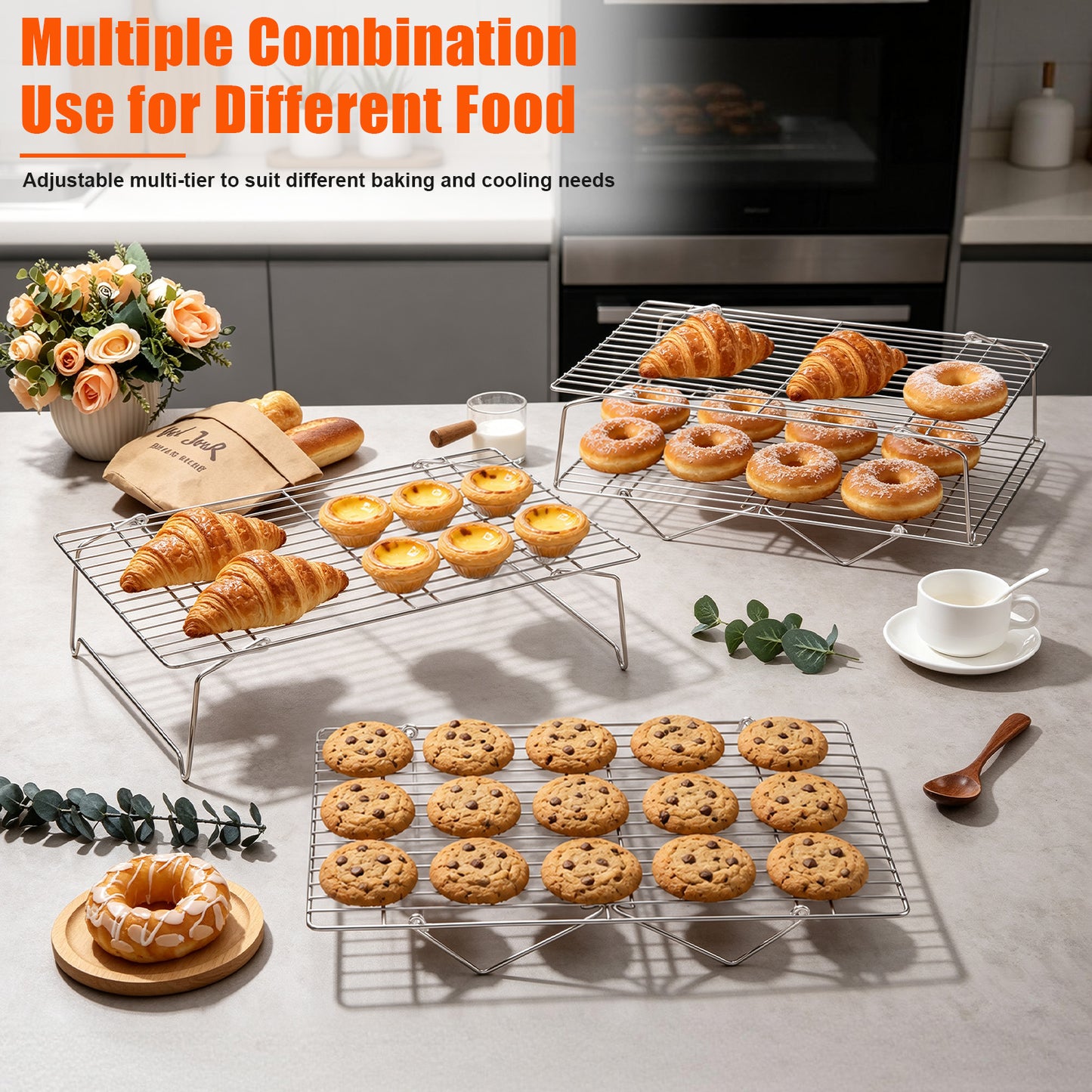 Vesteel 2-Tier Stainless Steel Cooling Racks, Stackable Baking Cooking Racks for Bread Cookie Cakes, Wire Racks with Folding Legs, Oven & Dishwasher Safe, 16.5’’ x 11.4’’