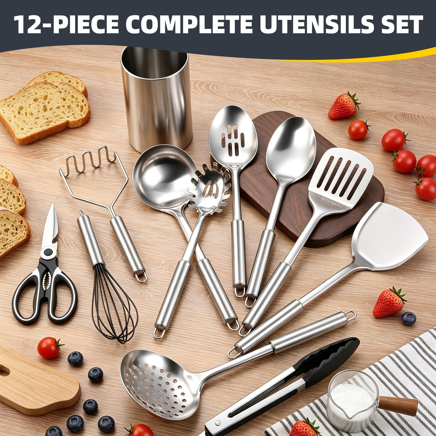 Vesteel 12-Piece Cooking Utensils Set, Stainless Steel Kitchen Utensils with Holder, Non-stick Cookware Set Include Pasta Server, Potato Masher and Spatula, Heat Resistant & Dishwasher Safe