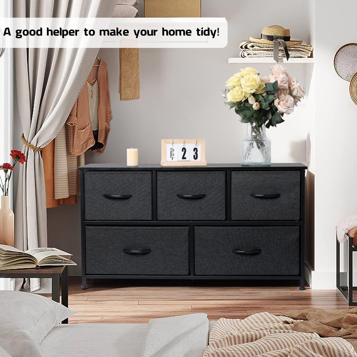 Vesteel 5 Drawers Dresser, Wide Chest of Drawers Fabric Dresser with Wood Top and Sturdy Steel Frame, Storage Organizer Unit for Closet, Living Room, Hallway - Black