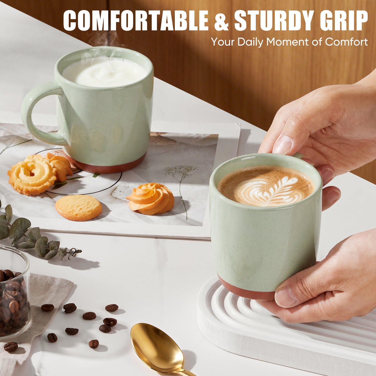 Vesteel Coffee Mugs Set of 4, 12oz Ceramic Coffee Cup with Handle, Modern Stoneware Mugs for Latte, Cappuccino, Cocoa, Dishwasher & Microwave Safe, Light Green