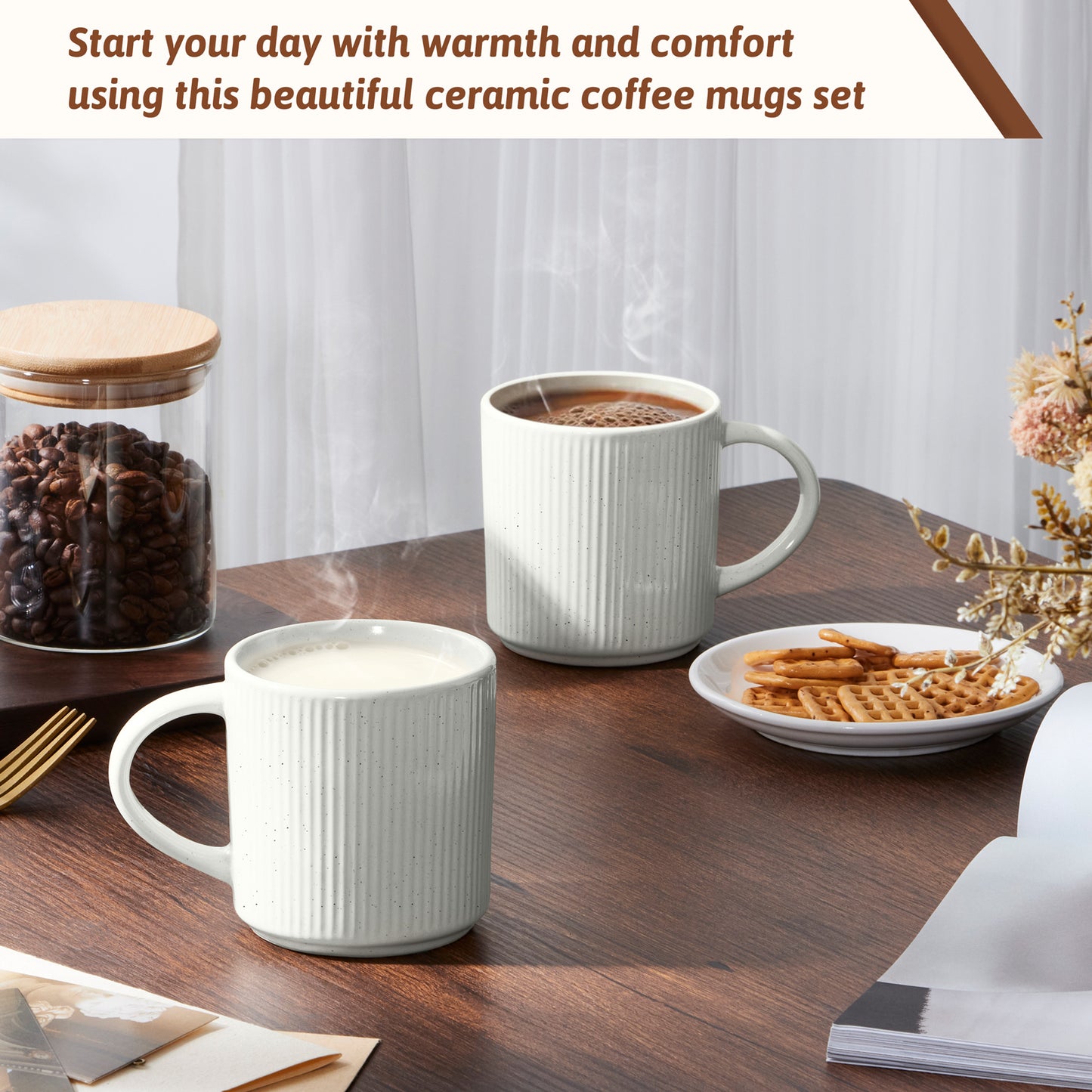 Vesteel Ceramic Coffee Mug Set of 6, 12 Ounce Porcelain Stoneware Mug with Handles, Catering Coffee Cups for Coffee, Tea, Hot Cocoa, Milk, Microwave and Dishwasher Safe, Speckled White