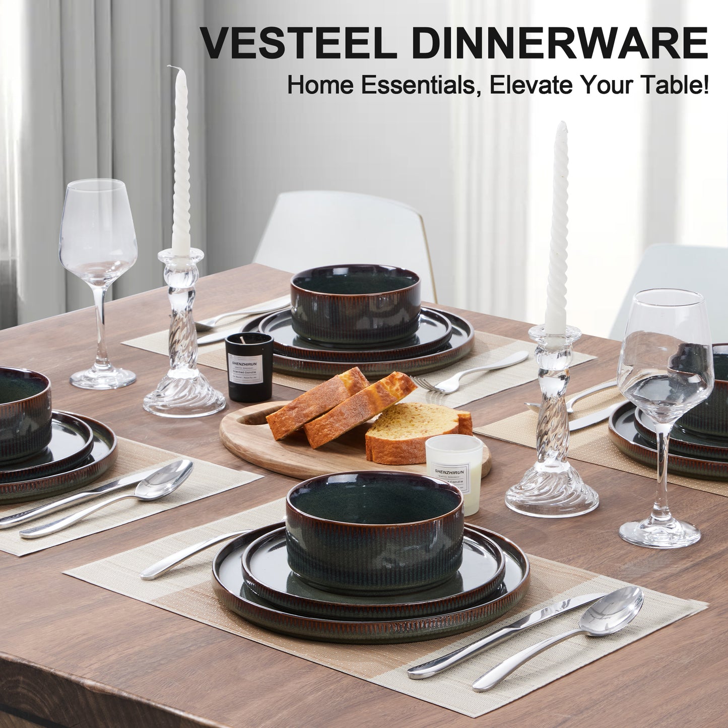 Vesteel Dinnerware Set for 4, 12-Piece Premium Stoneware Ribbed Dishes with Reactive Glaze, Chip & Scratch Resistant Plates and Bowls Set for Home Restaurant, Microwave and Dishwasher Safe - Green