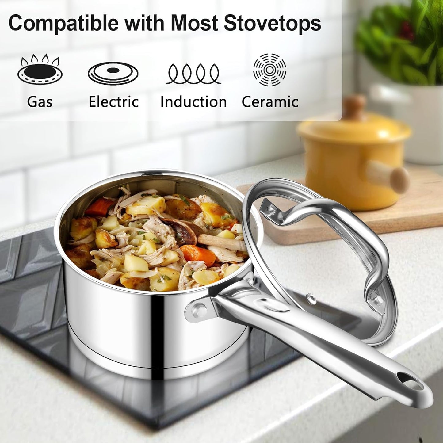 Vesteel 2QT Saucepan with Lid, Stainless Steel Small Sauce Pan, Tri-ply Composite Bottom, Heavy Duty Induction Cooking Pot for Warming Milk, Making Pasta, Boiling Soup, Dishwasher Safe