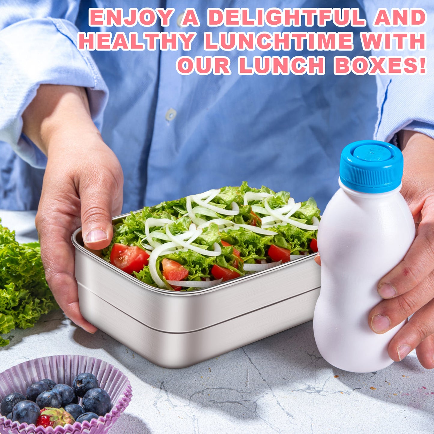 Vesteel Stainless Steel Lunch Container Set, Leak Proof Bento Box with Silicone Lids, Portable Metal Lunch Box for School and Daycare(25OZ + 8OZ*2), Pink