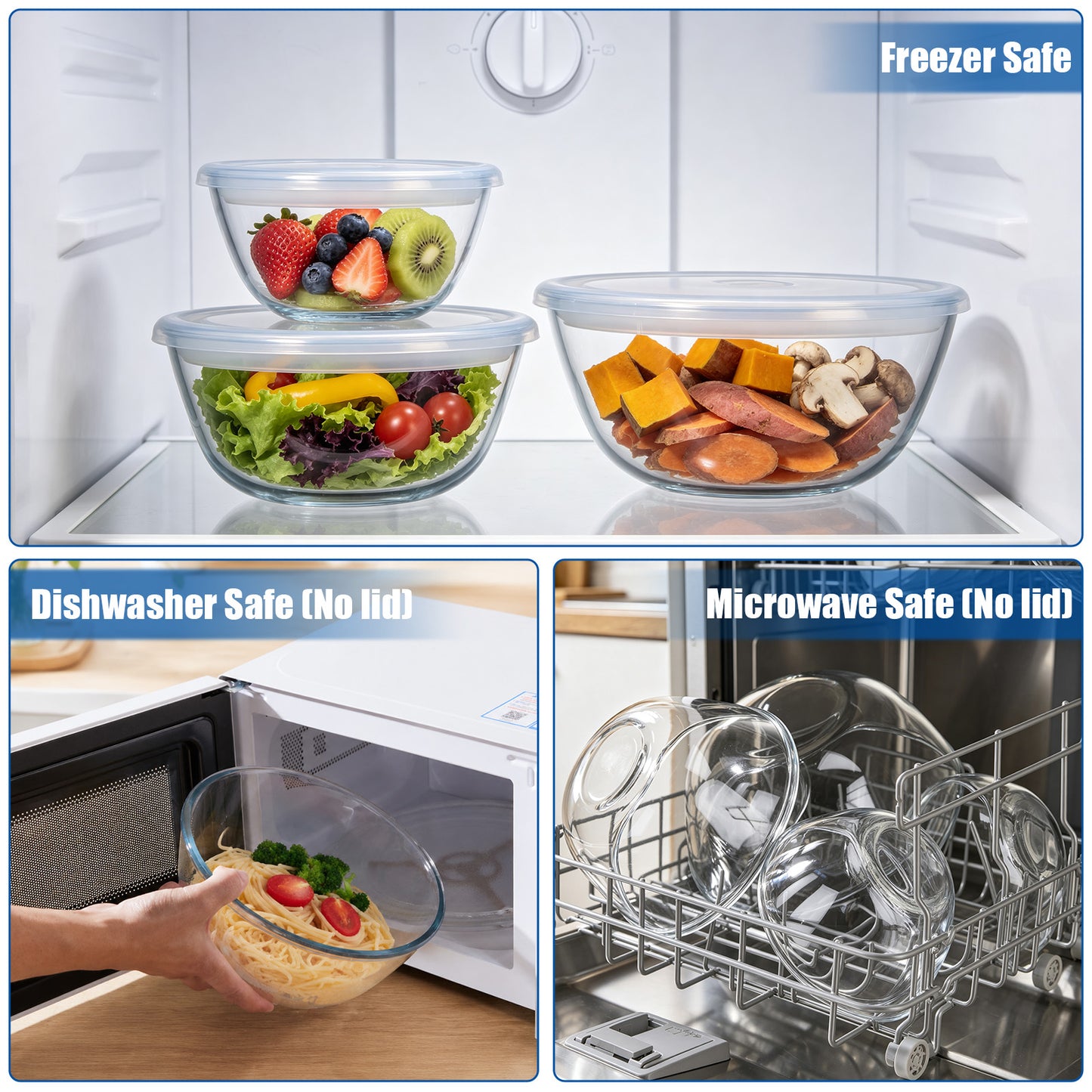 Vesteel 3Pcs Glass Mixing Bowls with Lids Set (0.8QT, 1.7QT, 2.9QT), Nesting Kitchen Salad Bowls with Airtight Vent Lid for Cooking Baking Prepping, Dishwasher, Microwave & Freezer Safe