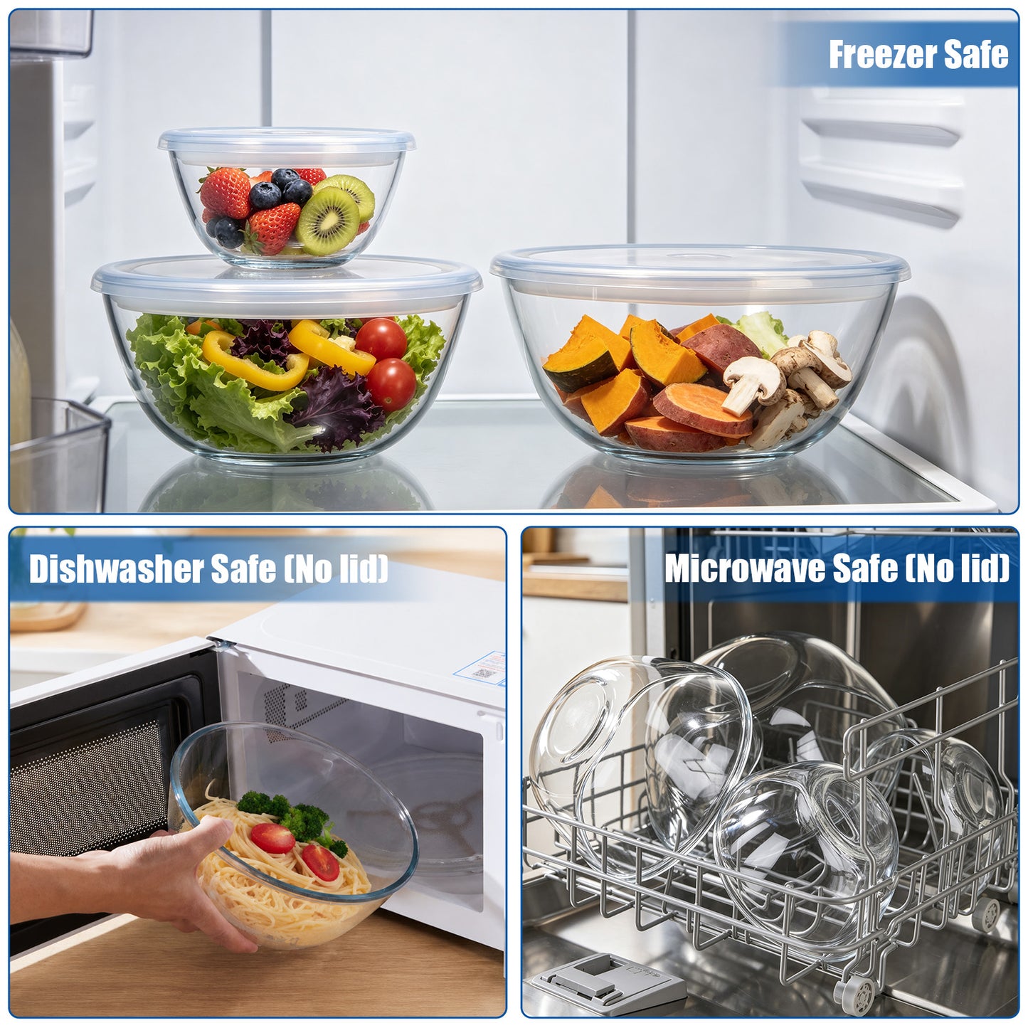 Vesteel 3Pcs Glass Mixing Bowls with Lids Set (0.8QT, 2.9QT, 4.8QT), Nesting Kitchen Salad Bowls with Airtight Vent Lid for Cooking Baking Prepping, Dishwasher, Microwave & Freezer Safe