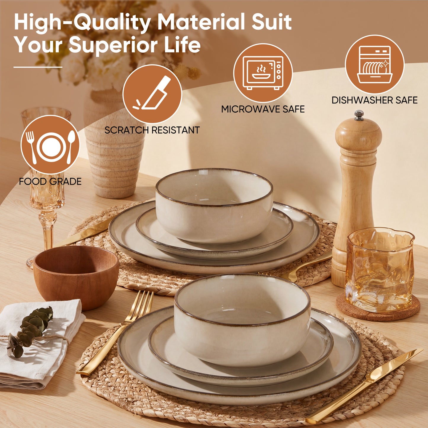 Onader 8-Piece Dinnerware Set, Ceramic Plate and Bowls Set for 2, Double Reactive Glaze Stoneware Dishware for Kitchen Restaurant, Microwave & Dishwasher Safe - Khaki