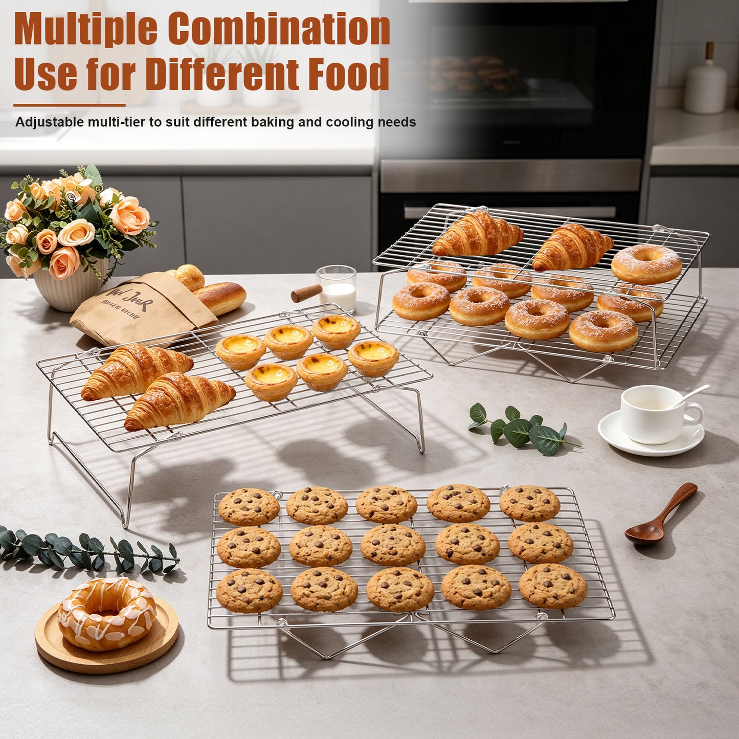Vesteel 3-Tier Stainless Steel Cooling Racks, Stackable Baking Cooking Racks for Bread Cookie Cakes, Wire Racks with Folding Legs, Oven & Dishwasher Safe, 16.5’’ x 11.4’’