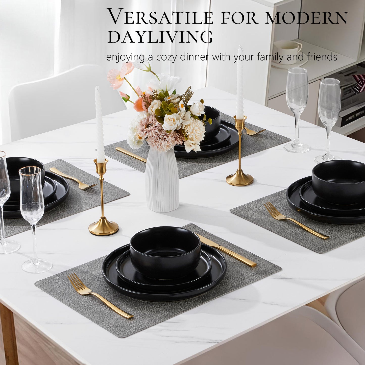 Vesteel Dinnerware Sets for 4, 12-Piece Stoneware Dish and Bowls Set, Handmade Reactive Glaze Coupe Plates Set for Family, Chip & Scratch Resistant - Matte Black