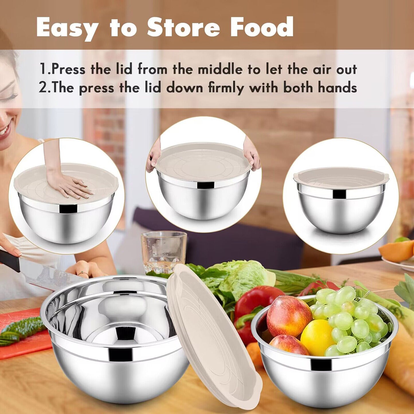 Mixing Bowls with Lids Set of 5, Vesteel Stainless Steel Mixing Bowls Metal Nesting Salad Bowls, Size 4.5, 3, 1.5, 1, 0.7 QT Great for Cooking, Baking, Serving - Khaki