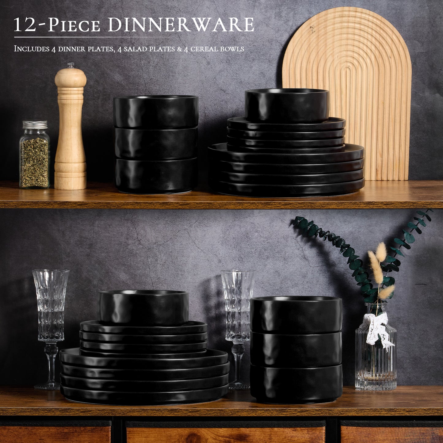 Vesteel Dinnerware Sets, 12-Piece Stoneware Plates and Bowls Set, Dishes Set for 4, Elegant Ceramic Dinnerware for Home Restaurant - Matte Black