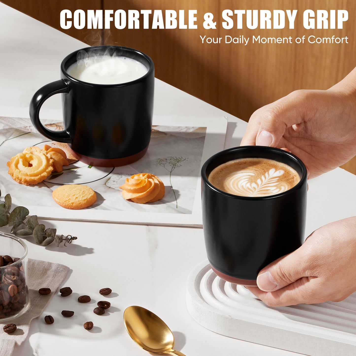 Vesteel Coffee Mugs Set of 4, 12oz Ceramic Coffee Cup with Handle, Modern Stoneware Mugs for Latte, Cappuccino, Cocoa, Dishwasher & Microwave Safe, Matte Black
