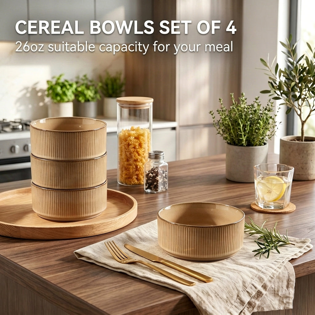 Vesteel Cereal Bowl for 4, 26oz Stoneware Soup Bowls with Textured Stripes, 4-Piece Ceramic Kitchen Bowls for Salad Fruit Pasta Soup, Dishwasher Safe & Microwave Safe, Khaki