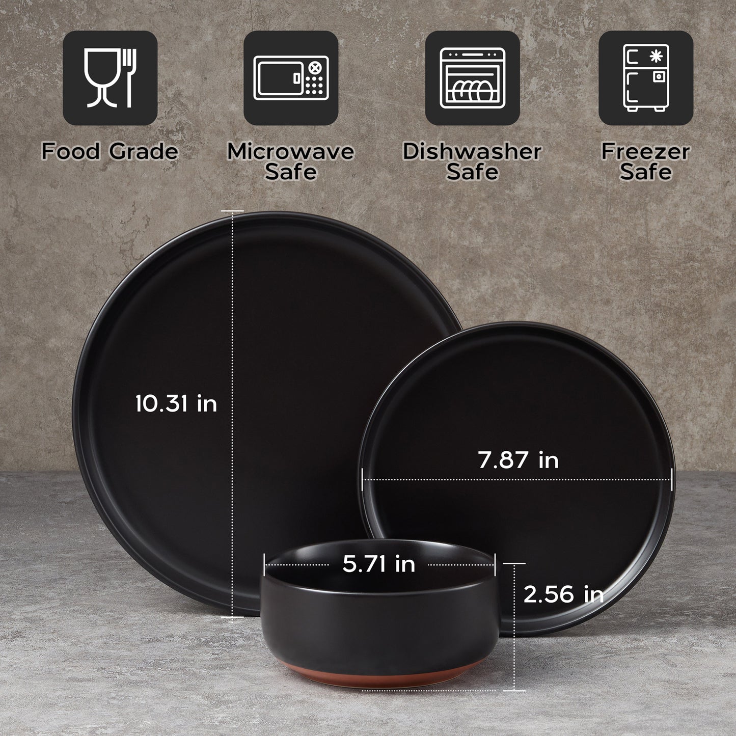 Onader 12-Piece Dinnerware Sets, Plates and Bowls Set for 4, Stoneware Dishware for Home Restaurant, Dishwasher & Microwave Safe, Matte Black