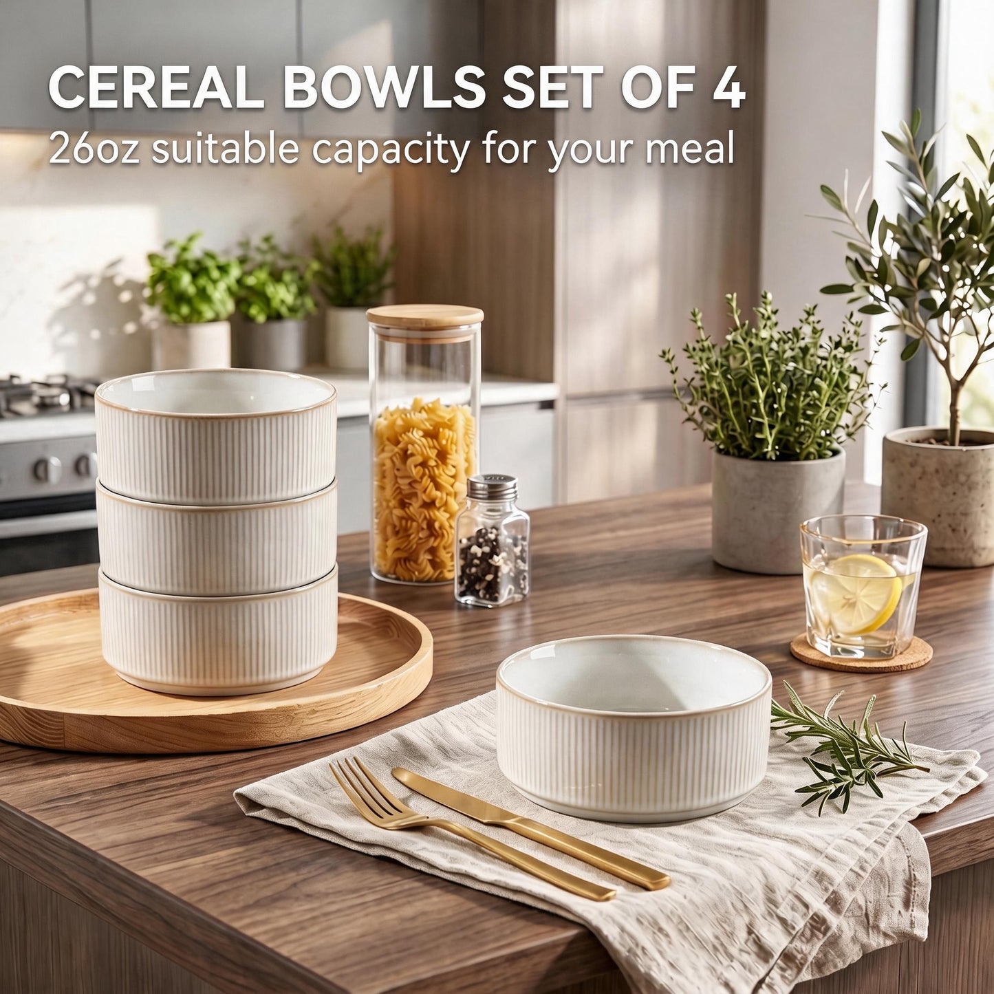 Vesteel Cereal Bowl for 4, 26oz Stoneware Soup Bowls with Textured Stripes, 4-Piece Ceramic Kitchen Bowls for Salad Fruit Pasta Soup, Dishwasher Safe & Microwave Safe, Seashell White