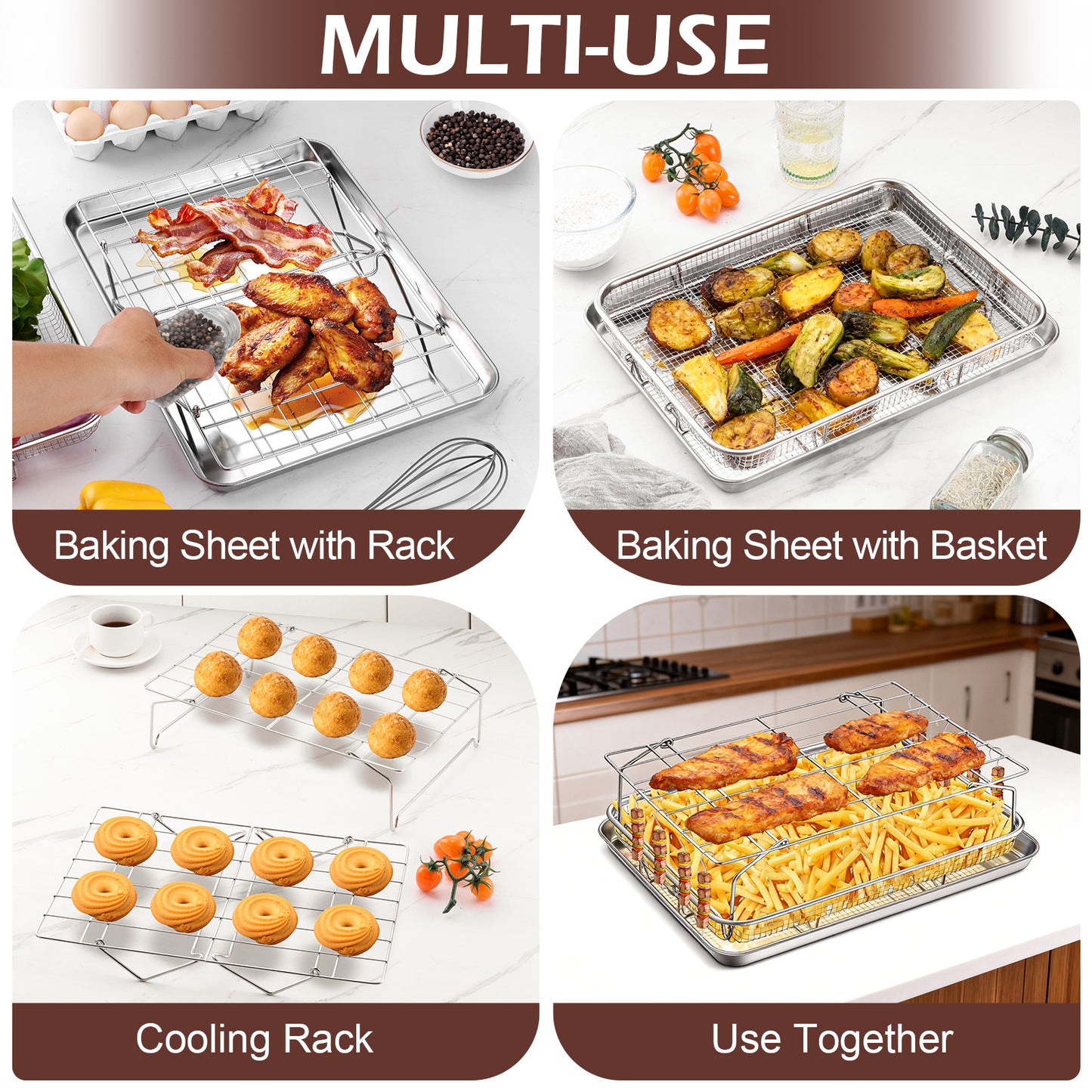 Vesteel 16 inch Air Fryer Pan with Basket Set of 4, Stainless Steel Air Fryer Grill Skewer Rack and 36Pcs Meat Skewers for Baking, Roasting, and Healthy Cooking, Dishwasher Safe