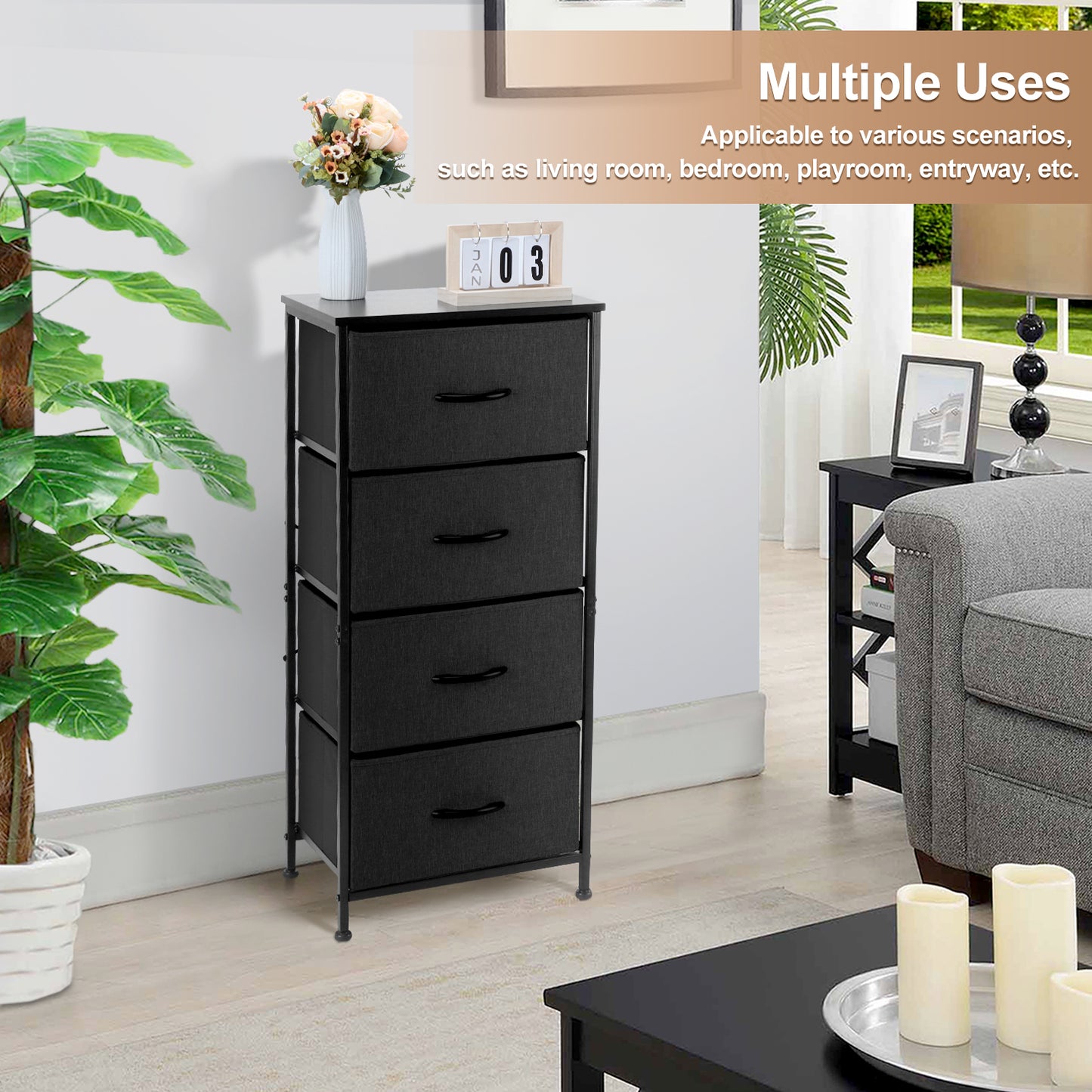 Vesteel Dresser for Bedroom with 4 Drawers, Storage Tower Organizer with Fabric Bins and Wooden Tabletop, Clothes Closet with Sturdy Steel Frame for Living Room, Entryway, Nursery - Black