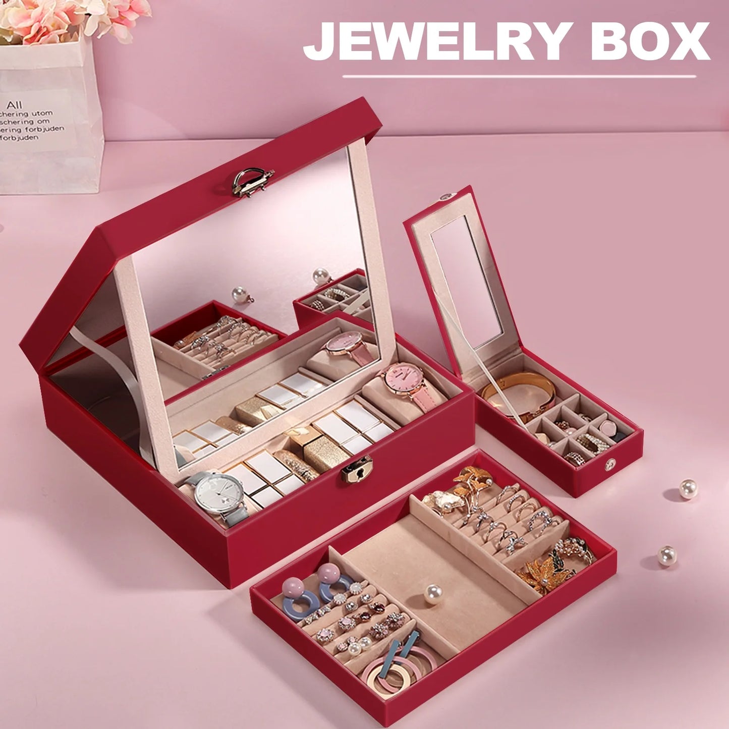 Vesteel Jewelry Box, 2-Layer Jewelry Storage Organizer with Built-in Mirror, Lockable Jewelry Case for Women Girl - Red