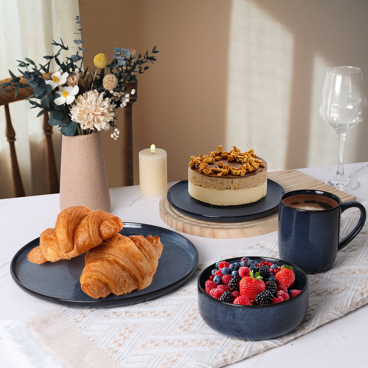 Vesteel 16-Piece Plates and Bowls Sets, Stoneware Dinnerware Sets for 4, Handmade Reactive Glaze Coupe Dishes Set, Chip & Scratch Resistant - Ocean Blue