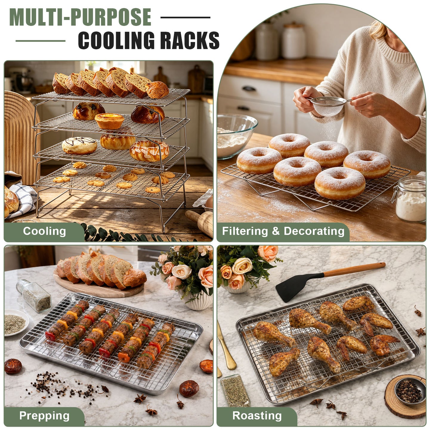 Vesteel 4-Tier Cooling Racks, Stainless Steel Stackable Grid Baking Racks, Collapsible Wire Racks for Cooking Grilling Roasting, Oven & Dishwasher Safe, 15’’ x 10’’