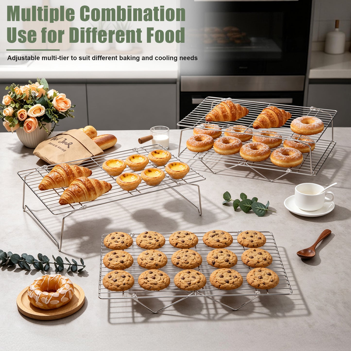 Vesteel 4-Tier Stainless Steel Cooling Racks, Stackable Baking Cooking Racks for Bread Cookie Cakes, Wire Racks with Folding Legs, Oven & Dishwasher Safe, 16.5’’ x 11.4’’