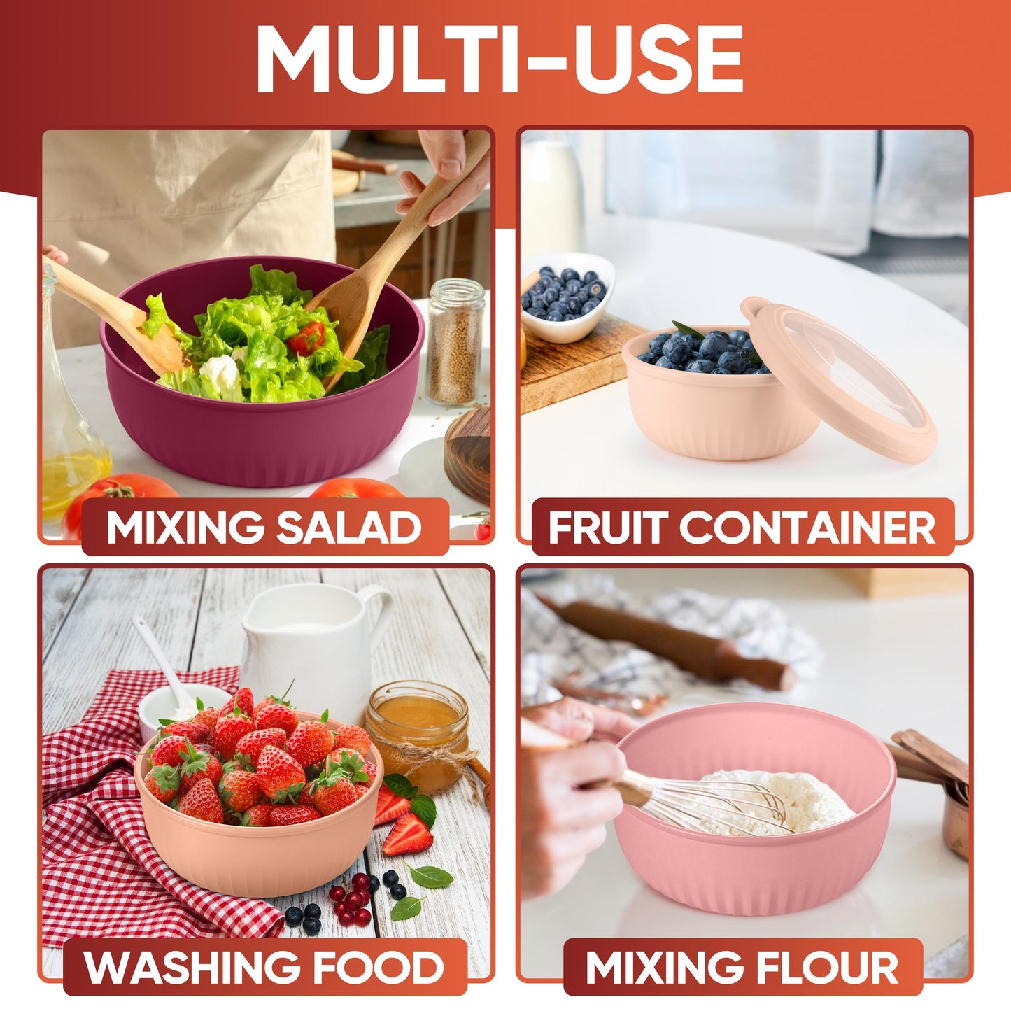 Vesteel 8Pcs Mixing Bowl Set with Lids, Nesting Plastic Bowls for for Mixing Serving Preparing Storage, Kitchen Prep Bowls, Dishwasher Safe, Rose