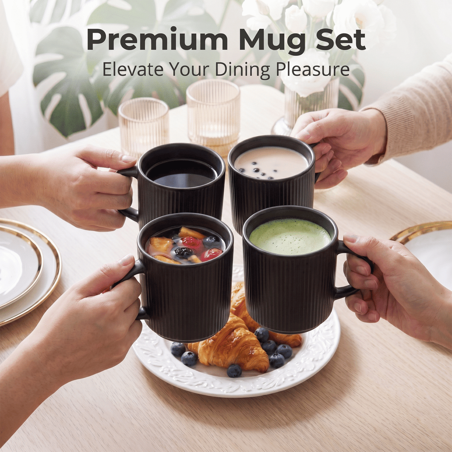 Onader 4-Pieces Coffee Mugs Set, Water Cups with Large Handle, 12 oz Ceramic Mugs Suitable for Tea Milk Latte, Stain-Resistant & Microwave Safe, Matte Black