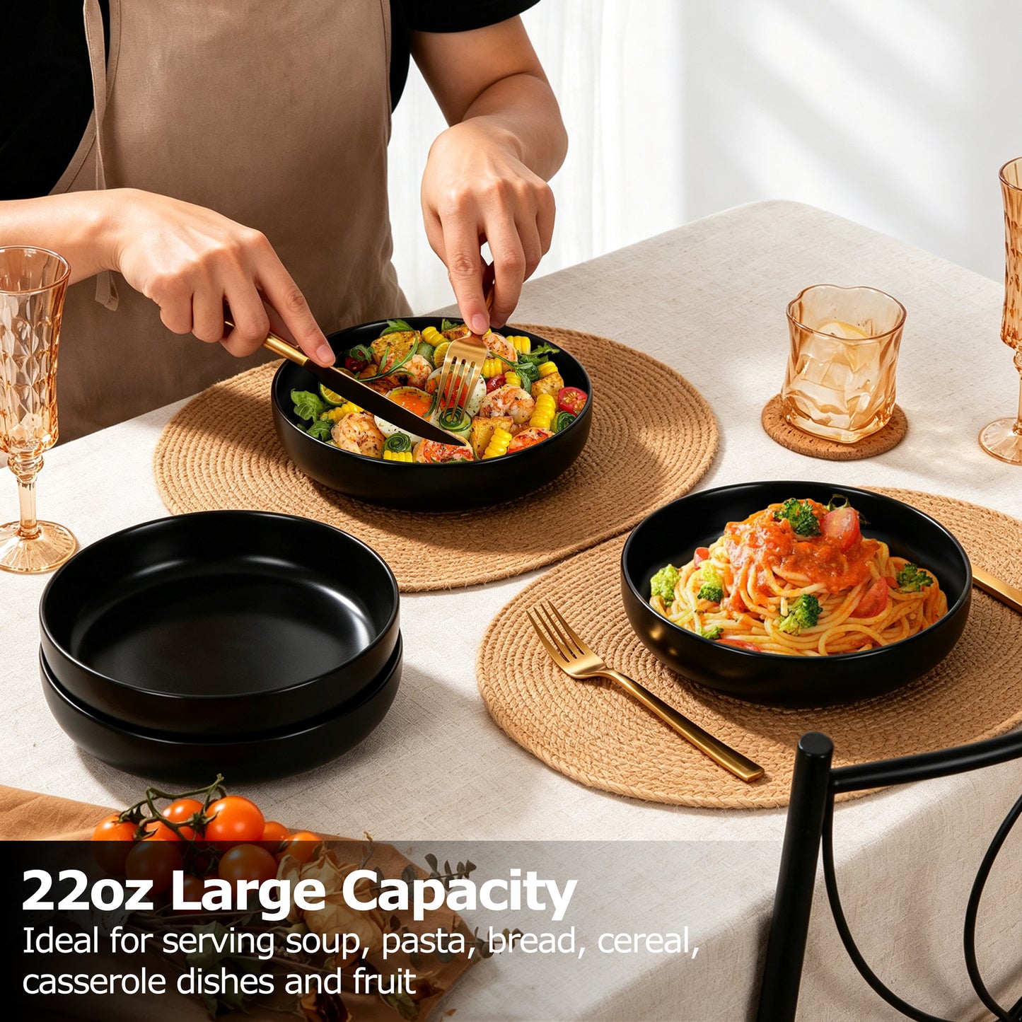 Vesteel Pasta Bowl Set of 4, 22oz Stoneware Salad Pasta Serving Bowls for Soup Dinner Cereal, Microwave & Dishwasher Safe, Matte Black
