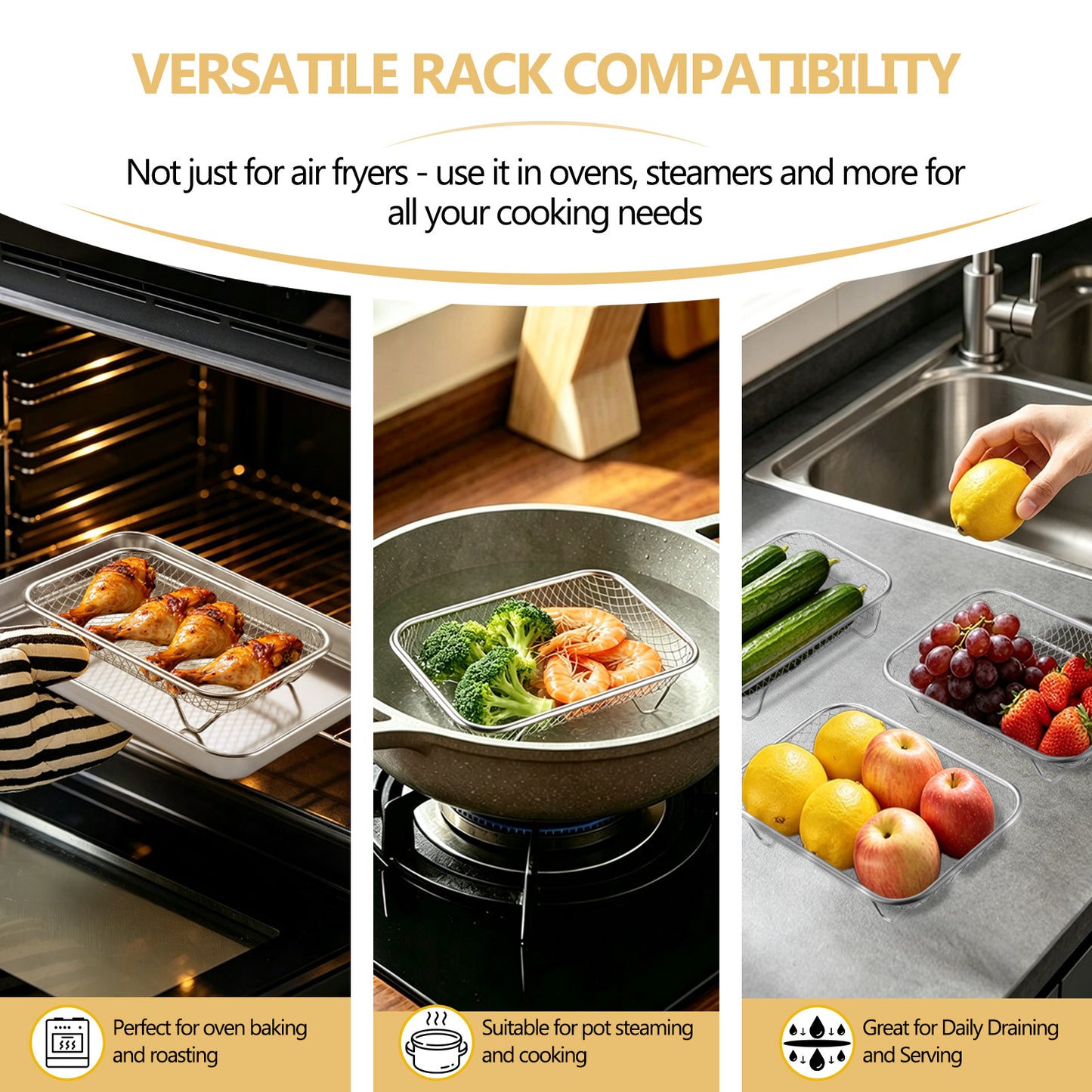 Vesteel Stainless Steel Air Fryer Racks, 3-Layer 7.7’’ x 5.3” Frying Basket Accessories, Stackable Rectangular Dehydrator Racks for Baking Roasting, Includes Silicon Feet & Clip, Dishwasher Safe