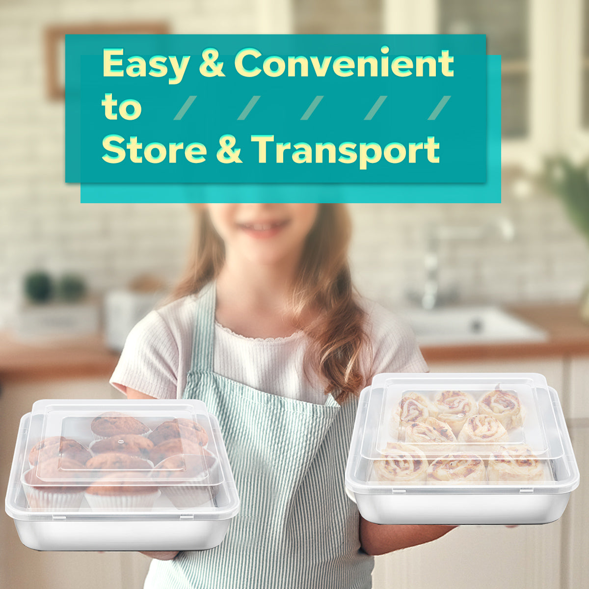 9 inch Square Cake Pan with Lid, Vesteel Non-Stick Stainless Steel Rectangle Brownies Baking Pan Set of 4, Non-Toxic & Warp Resistant, Rust Free & Dishwasher Safe (2 Pans + 2 Lids)