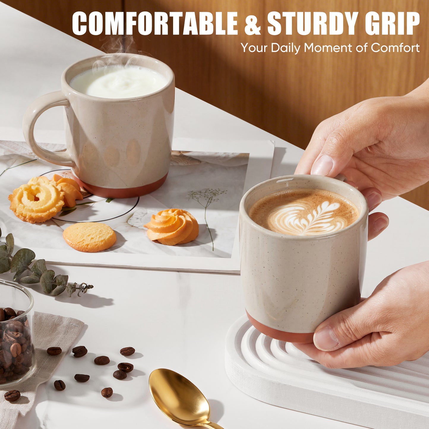 Vesteel Coffee Mugs Set of 4, 12oz Ceramic Coffee Cup with Handle, Modern Stoneware Mugs for Latte, Cappuccino, Cocoa, Dishwasher & Microwave Safe, Cappuccino Brown