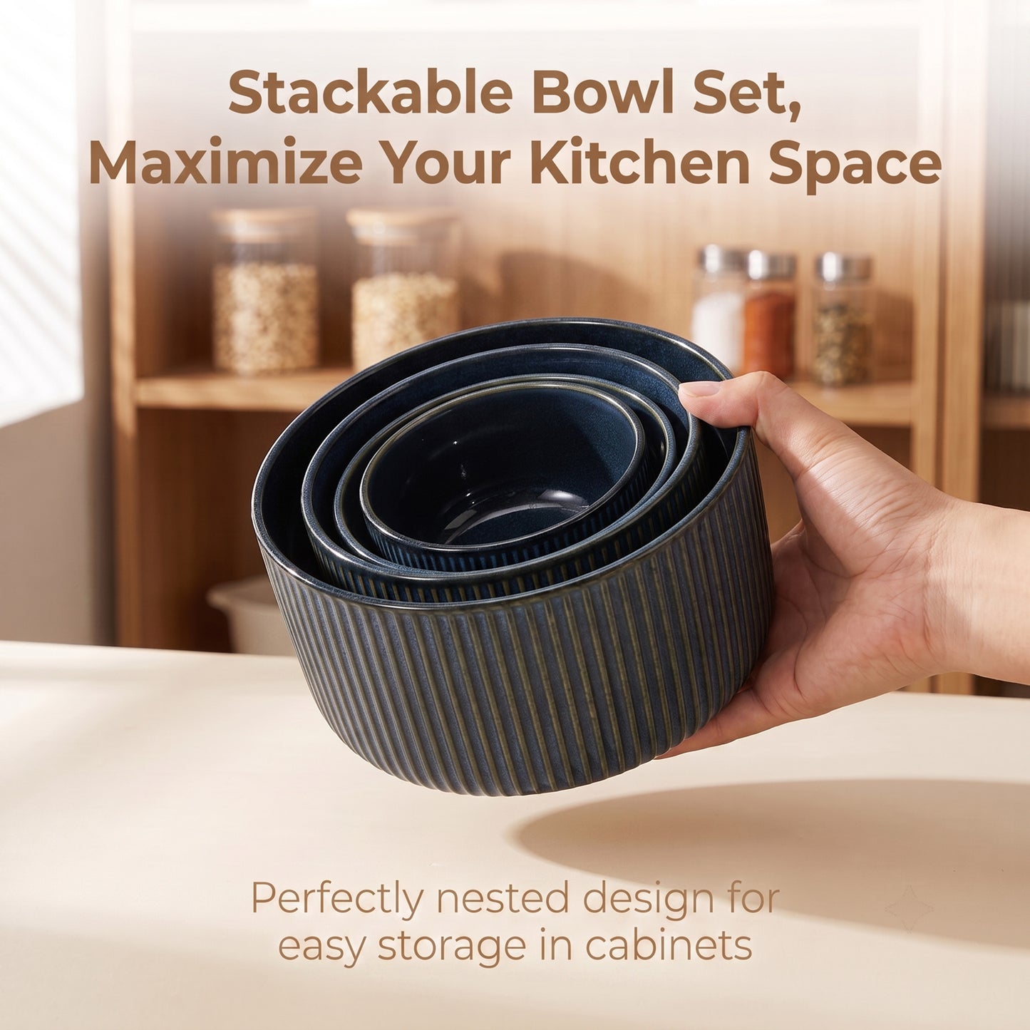 Onader 8-Piece Ceramic Bowls with Lid, Mixing Bowls Set of 4 for Kitchen Meal Prep Food Storage Leftover, Stoneware Serving Bowl for Cooking Baking, Starry Blue