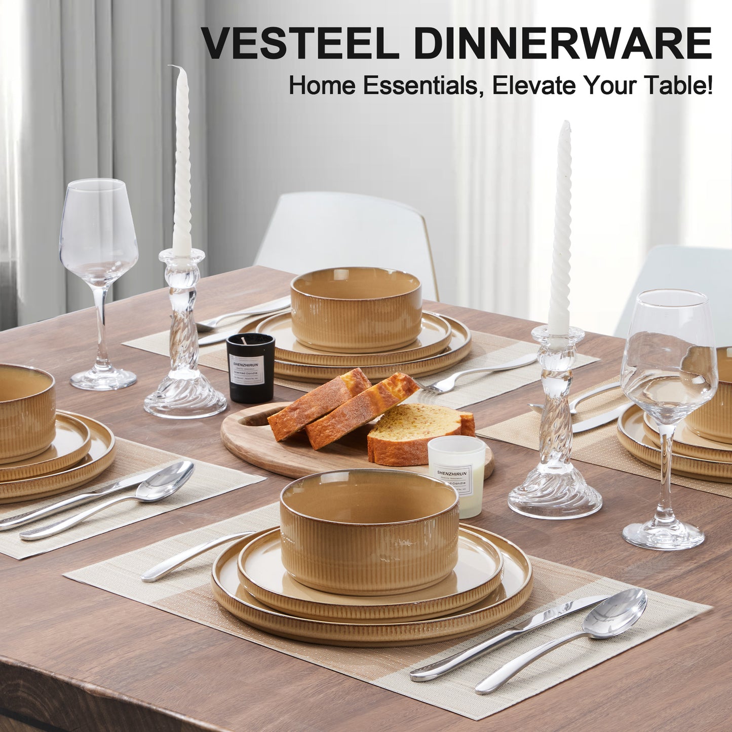 Vesteel Dinnerware Set for 4, 12-Piece Premium Stoneware Ribbed Dishes with Reactive Glaze, Chip & Scratch Resistant Plates and Bowls Set for Home Restaurant, Microwave and Dishwasher Safe - Khaki