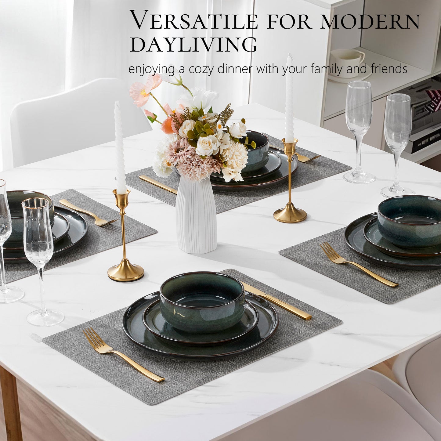 Vesteel Dinnerware Sets for 4, 12-Piece Stoneware Dish and Bowls Set, Handmade Reactive Glaze Coupe Plates Set for Family, Chip & Scratch Resistant - Sage Green