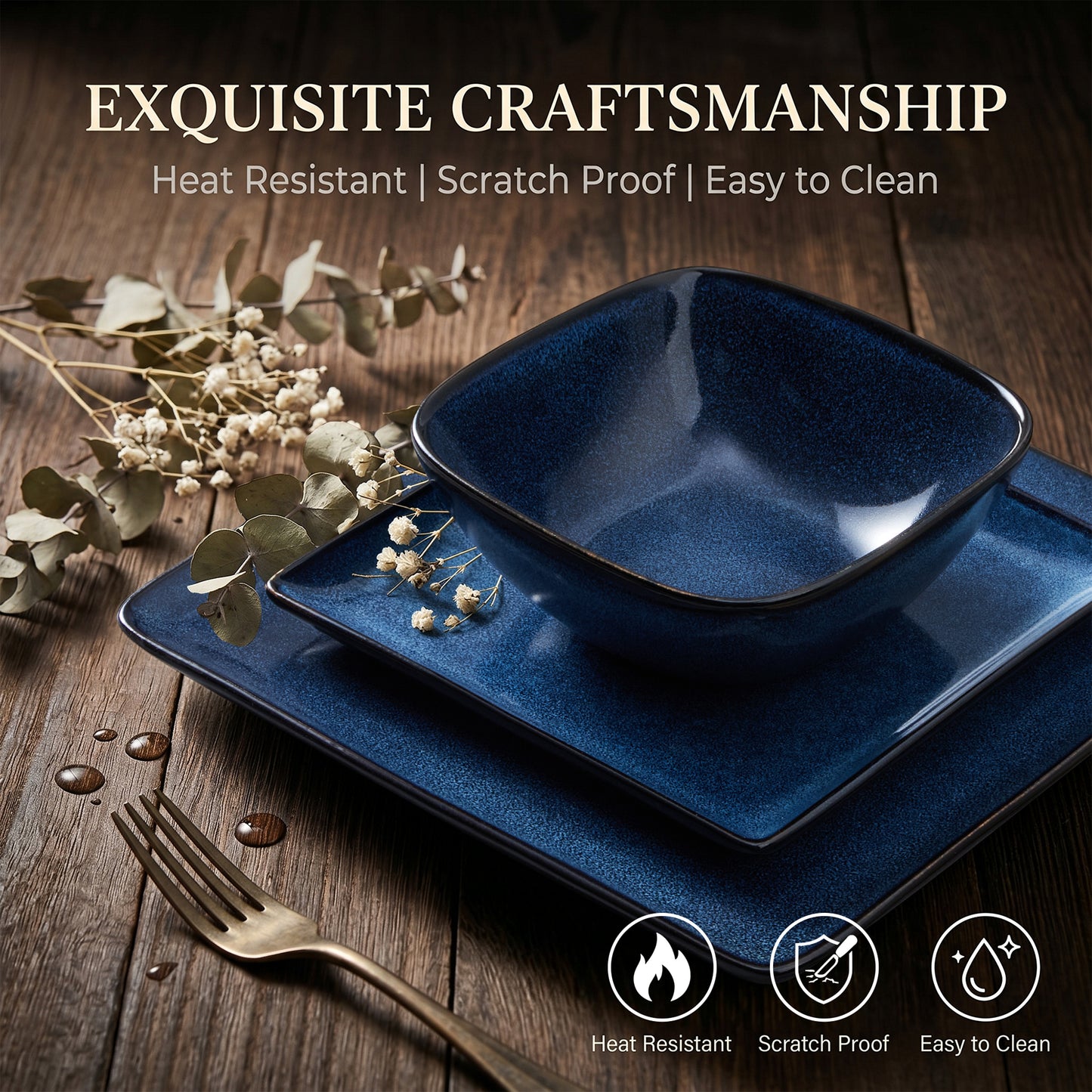 Onader 12 Piece Dinnerware Sets, Reactive Glaze Plates and Bowls Set for 4, Dishes Sets Serve for Steak Salad Soup, Scratch Resistant & Microwave Safe, Starry Blue