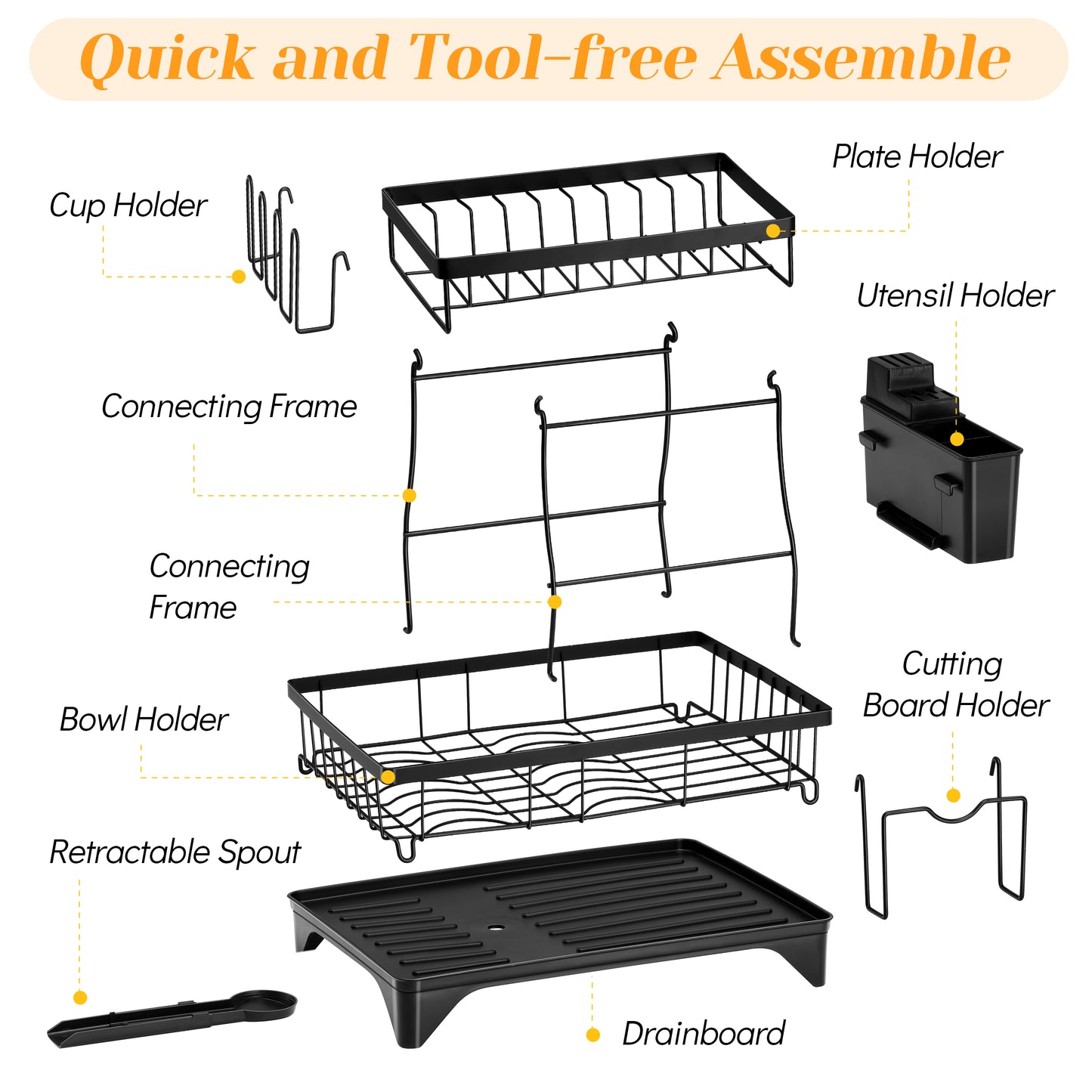 Vesteel Large Dish Drying Rack, Stainless Steel Dish Rack with Drainboard for Kitchen Counter, 2-Tier Rustproof Dish Drainer with Utensil Holder for Sink, Space Saving, Black