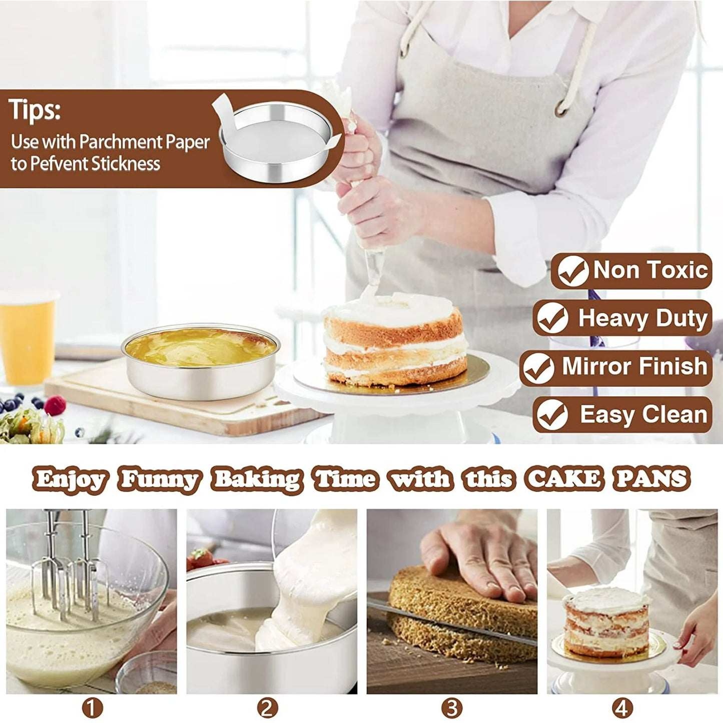 6 inch Cake Pan Set of 4, VeSteel Stainless Steel Round Cake Baking Pans, Mirror Finish & Dishwasher Safe