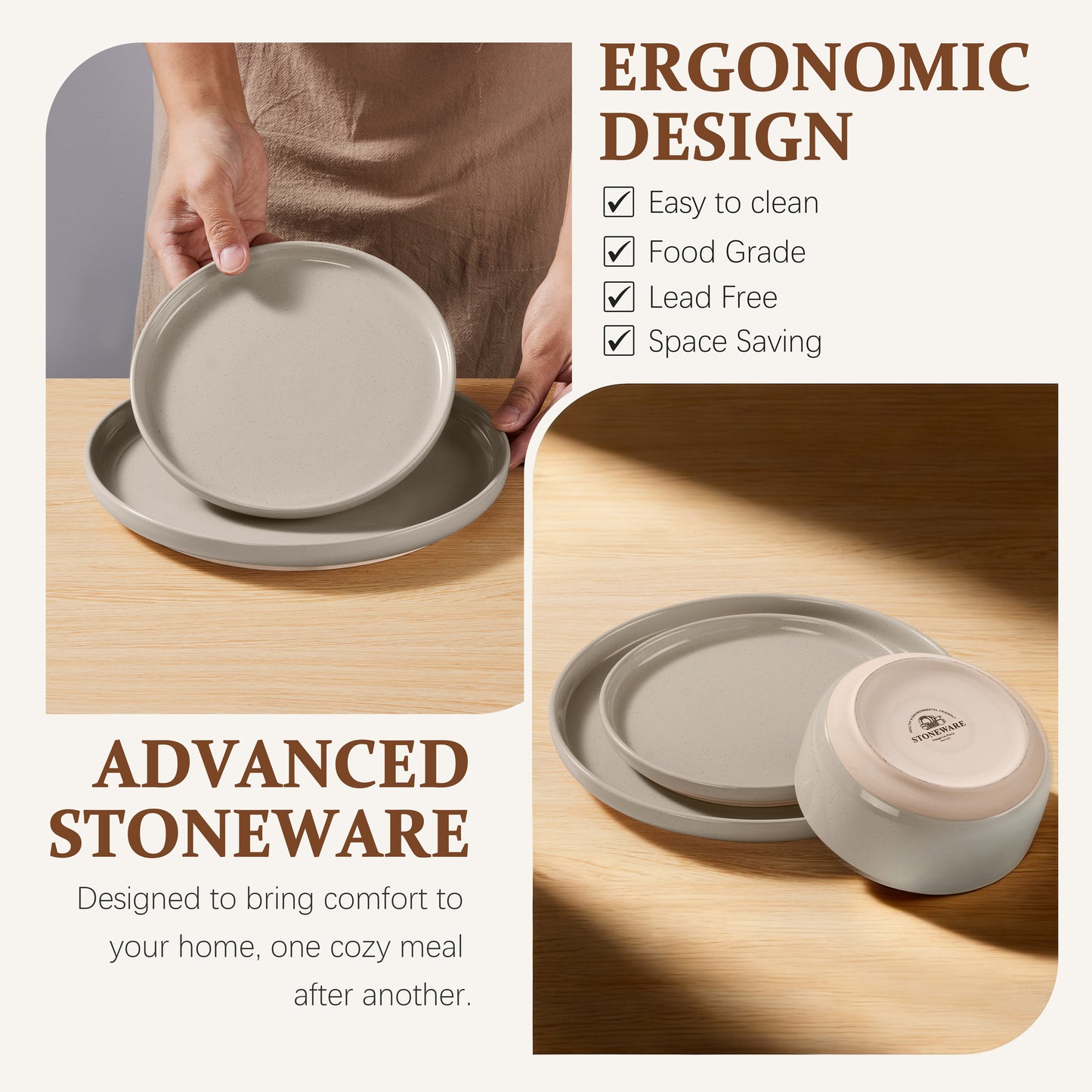 Vesteel Stoneware Dinnerware Sets for 2, 6 Pieces Ceramic Plates and Bowls Sets, Elegant Dishes with Rustic Terracotta Base, Dishwasher & Microwave Safe, Scratch Resistant, Cappuccino Brown