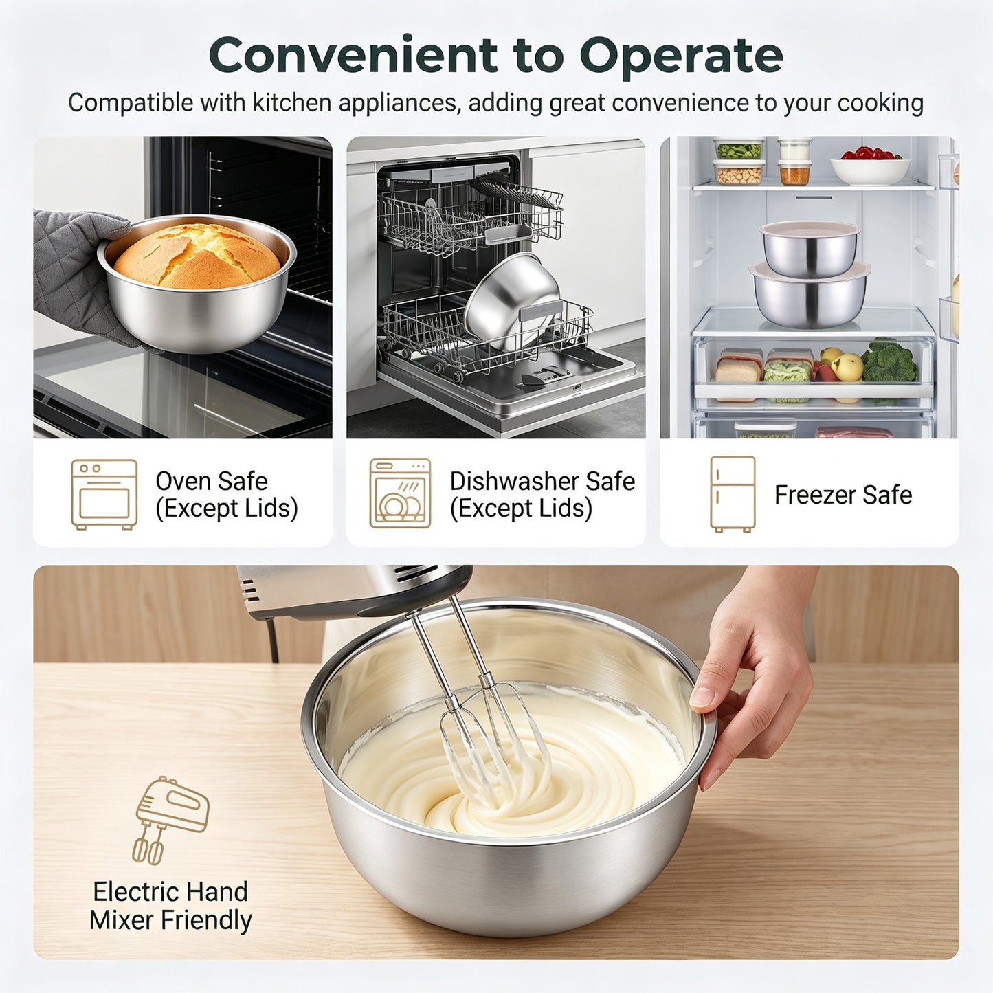 Vesteel Stainless Steel Mixing Bowls, 5 Piece Metal Nesting Bowls with Airtight Lids, Stackable Salad Bowls for Baking, Prepping & Serving, Dishwasher Safe, 5/3/1.7/1.2/0.8 QT, Khaki