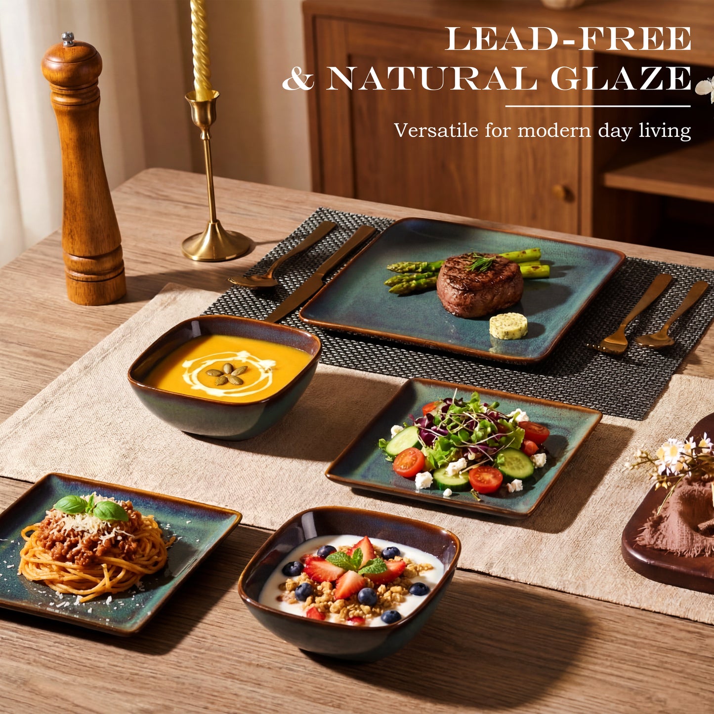 Vesteel Dinnerware Sets for 4, 12-Piece Stoneware Dish and Bowls Set, Handmade Reactive Glaze Coupe Plates Set for Family, Chip & Scratch Resistant - Forest Green