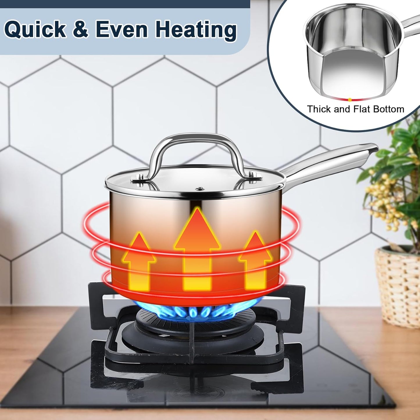 Vesteel 1QT Saucepan with Lid, Stainless Steel Milk Sauce Pan with Tri-ply Composite Bottom, Induction Cooking Pot for Making Pasta, Boiling Soup, Warming Milk, Dishwasher Safe