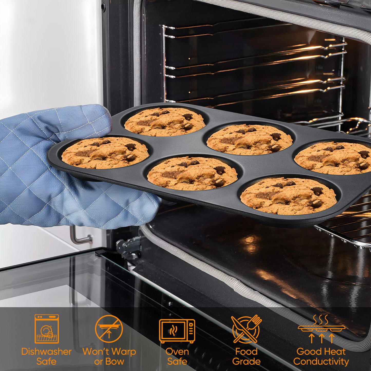 Vesteel Muffin Top Pan, 6-Cup Stainless Steel Cupcake Pan for Baking, 11” x 7.5” Regular Size Metal Pan Tin Tray for Mini Cake Cookie Egg Hamburger, Oven Safe