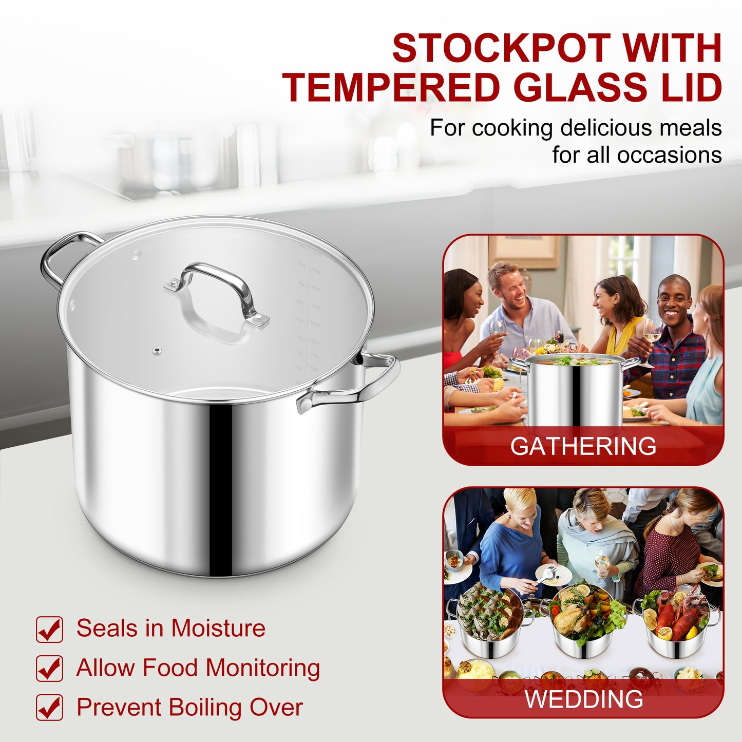 Vesteel 20 QT Stock Pot with Lid, 3 Tri-ply Stainless Steel Cooking Pot for Induction Gas Electric Stove, Big Stockpot for Cooking Soup Spaghetti, Dishwasher Safe