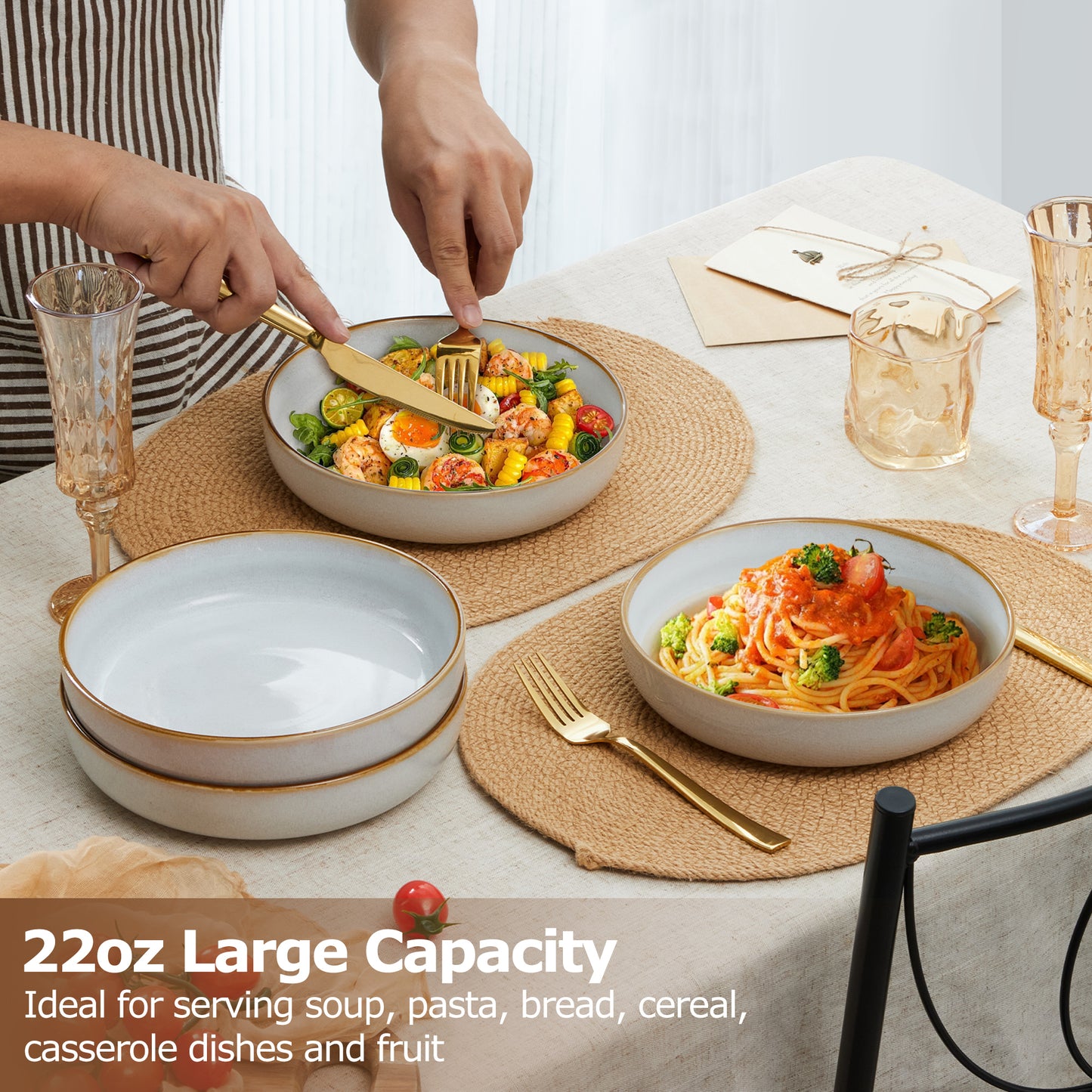Vesteel Pasta Bowl Set of 4, 22oz Stoneware Salad Pasta Serving Bowls for Soup Dinner Cereal, Microwave & Dishwasher Safe, Seashell White