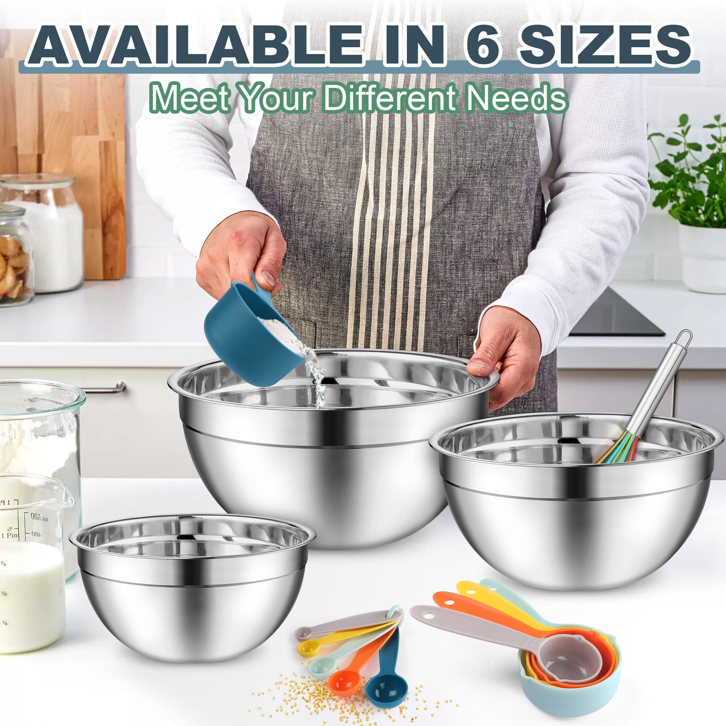 Vesteel 18PCS Mixing Bowls Set, Stainless Steel Prep Bowl Nesting Salad Bowls Attach Kitchen Accessories for Mixing Cooking Baking, Size 4.6/2.6/2/1.5/1/0.7 QT, Khaki