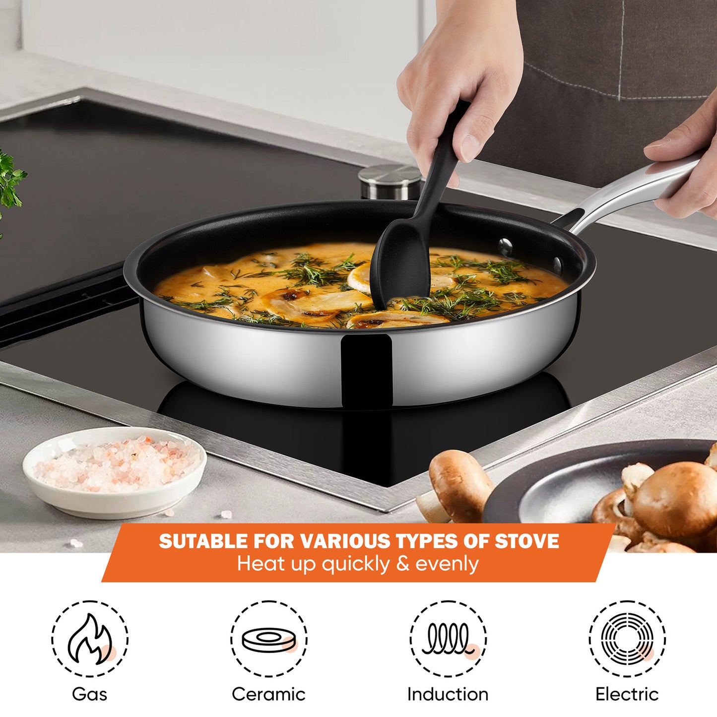 Vesteel 10” Nonstick Frying Pan, Tri-ply Stainless Steel for Kitchen Cooking Steaks Eggs, Skillet Suitable for Various Stovetops, Gas Electric Oven or Induction Safe, Dishwasher Safe