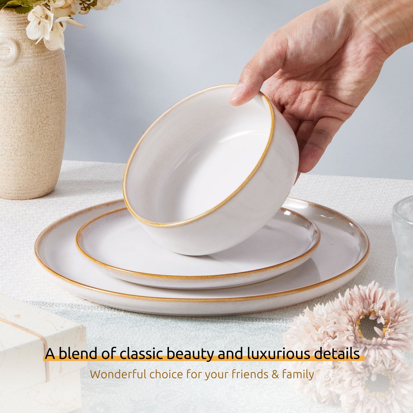 Onader Dinnerware Sets for 6, 18-Piece Plates and Bowls Set, Reactive Glaze Dishes, Stoneware Dinnerware set, Microwave & Dishwasher Safe - Seashell White